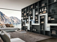 Libreria divisoria di design 30mm Weightless in parte sospesa al soffitto e in parte appoggiata a terra di Lago