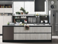 Cucina Moderna Start-Time J 09 con isola in Play Rovere chiaro, Smart Antracite e Colorboard Graffiato chiaro di Veneta Cucine